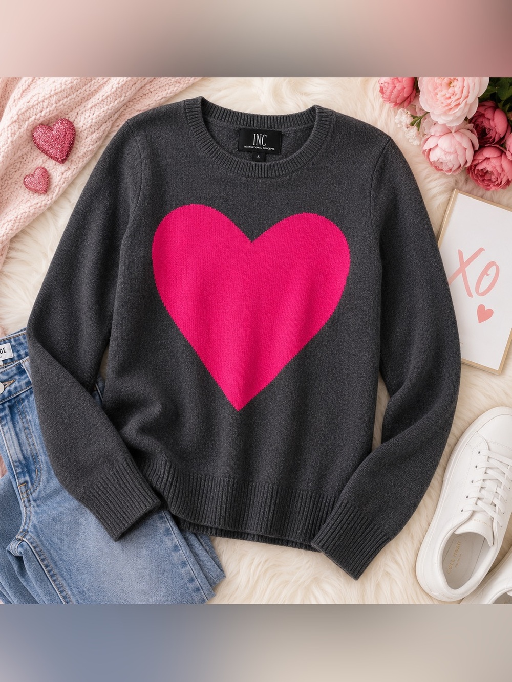 INC International Concepts Pink Heart Sweater Small Gray Graphic Knit